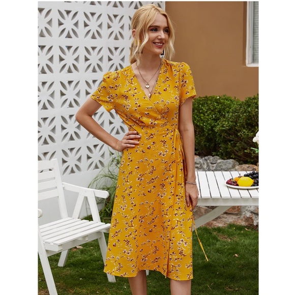 Yellow Floral Wrap Midi Dress - Picture 4 of 16